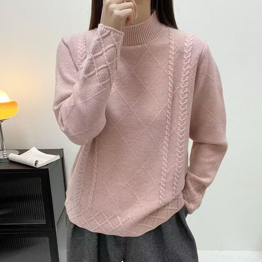 Textured Cable Knit Mock Neck Long-Sleeve Top