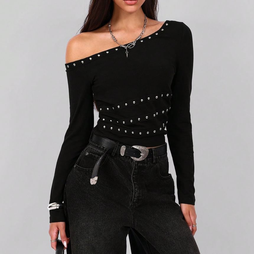 Studded Off-Shoulder Long-Sleeve Tee