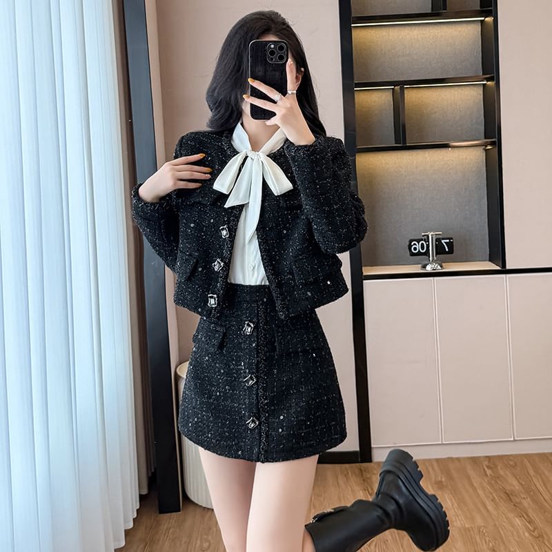 Set: Round Neck Tweed Button Jacket + High Rise Mini A-Line Skirt