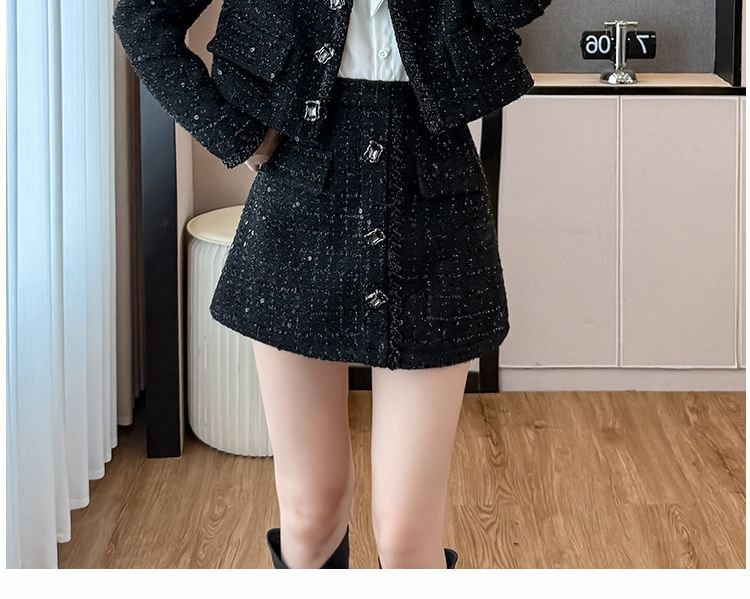 Set: Round Neck Tweed Button Jacket + High Rise Mini A-Line Skirt