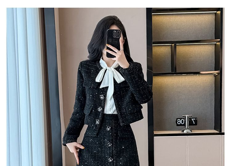 Set: Round Neck Tweed Button Jacket + High Rise Mini A-Line Skirt