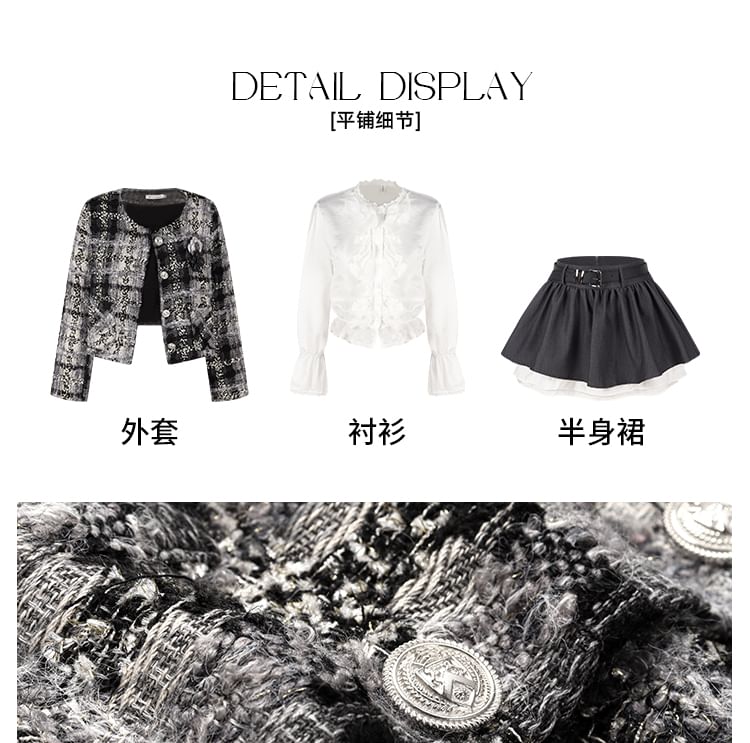 Tweed Button Up Jacket / High Rise Mini A-Line Skirt / Long-Sleeve Plain Ruffle Trim Blouse