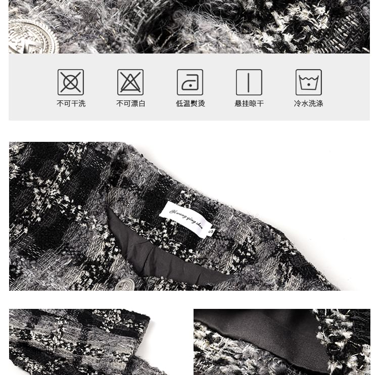 Tweed Button Up Jacket / High Rise Mini A-Line Skirt / Long-Sleeve Plain Ruffle Trim Blouse