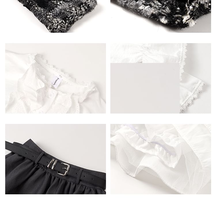 Tweed Button Up Jacket / High Rise Mini A-Line Skirt / Long-Sleeve Plain Ruffle Trim Blouse