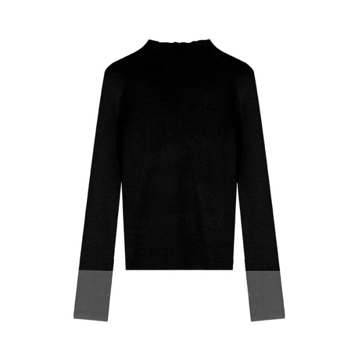 Color-Block Slim Fit Mock Neck Long Sleeve Knit Tee