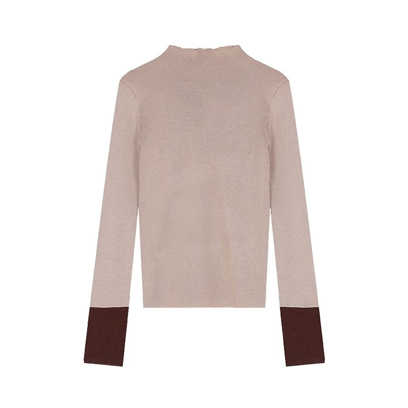 Color-Block Slim Fit Mock Neck Long Sleeve Knit Tee