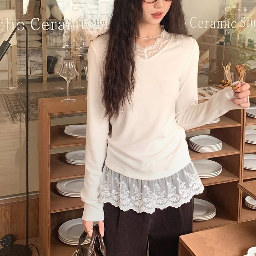 V-Neck Lace-Trimmed Fitted Long Sleeve Tee