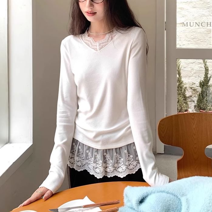 V-Neck Lace-Trimmed Fitted Long Sleeve Tee