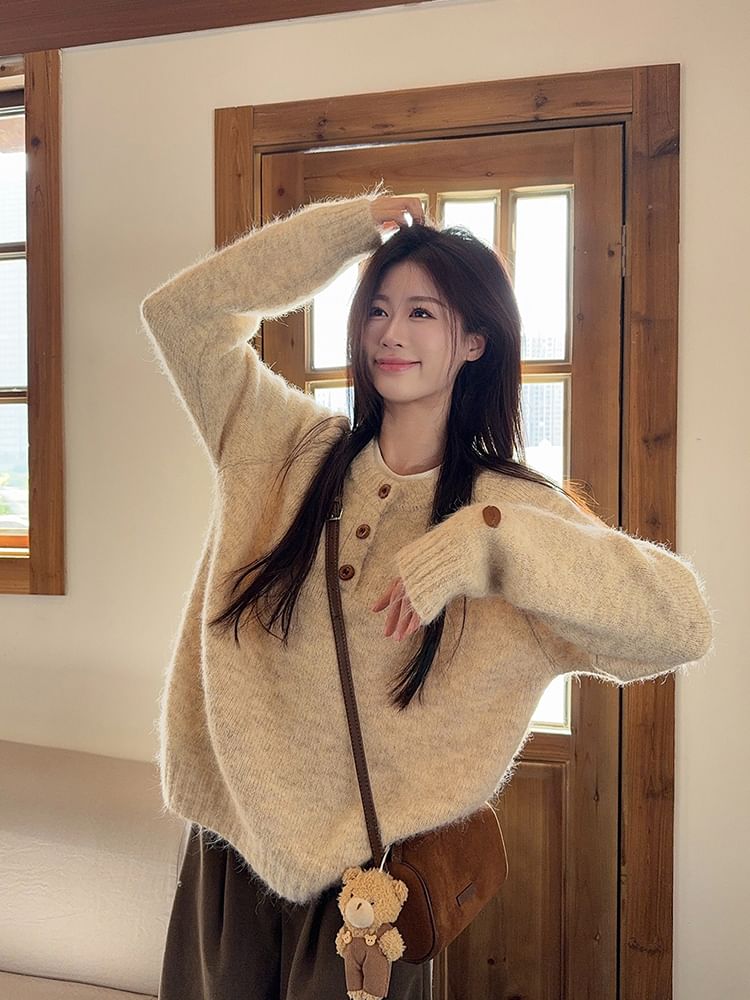 Relaxed Half-Button Long Sleeve Knit Sweater