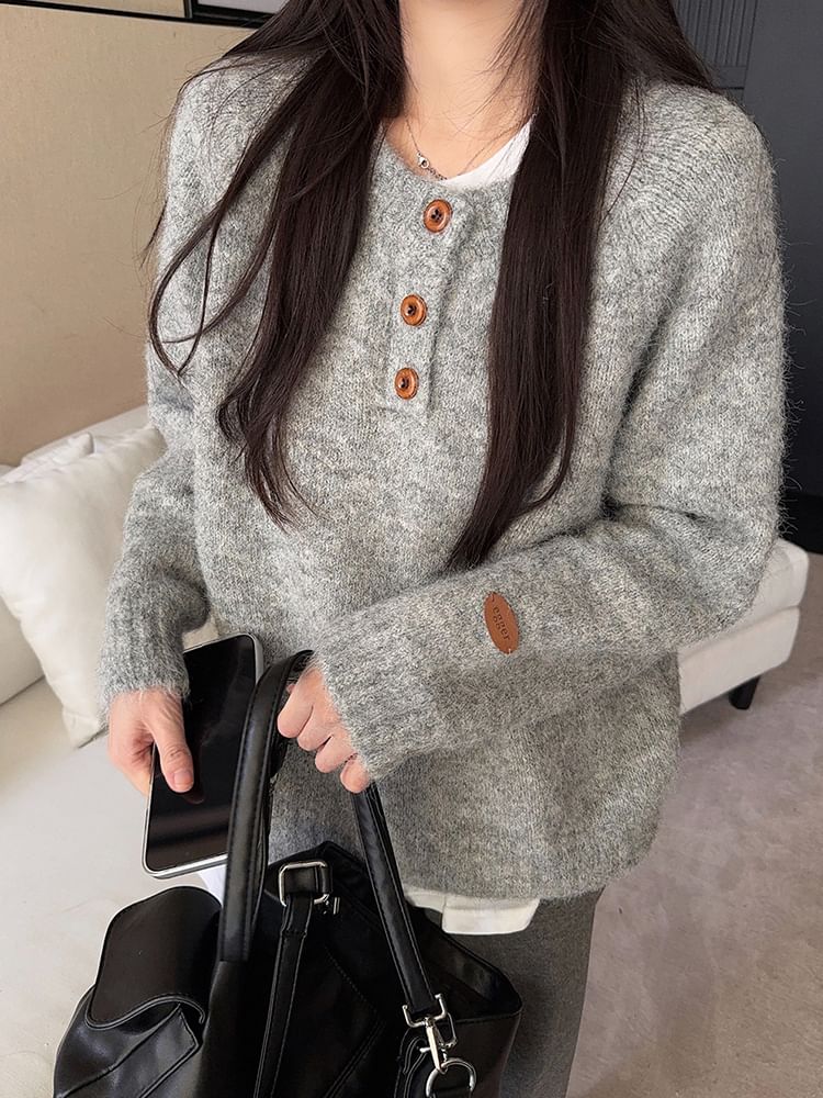 Relaxed Half-Button Long Sleeve Knit Sweater