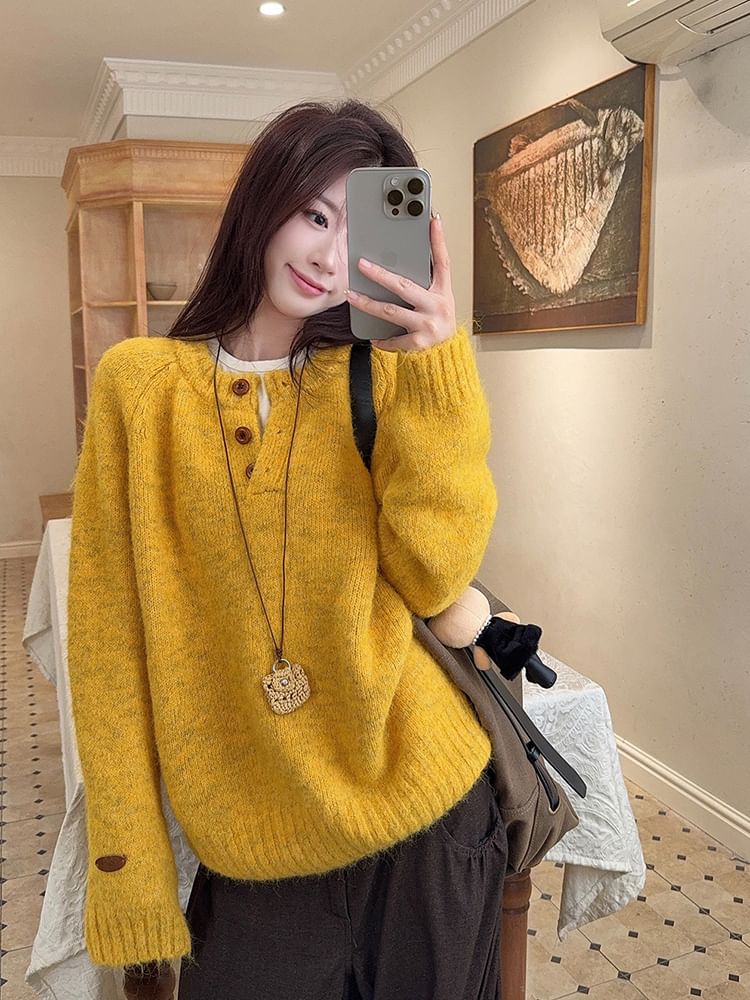 Relaxed Half-Button Long Sleeve Knit Sweater