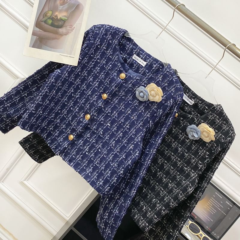 Crew Neck Plaid Flower Accent Button-Up Tweed Crop Jacket