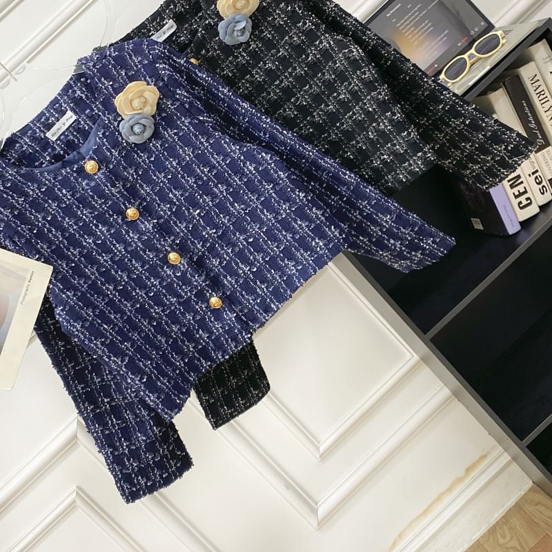 Crew Neck Plaid Flower Accent Button-Up Tweed Crop Jacket