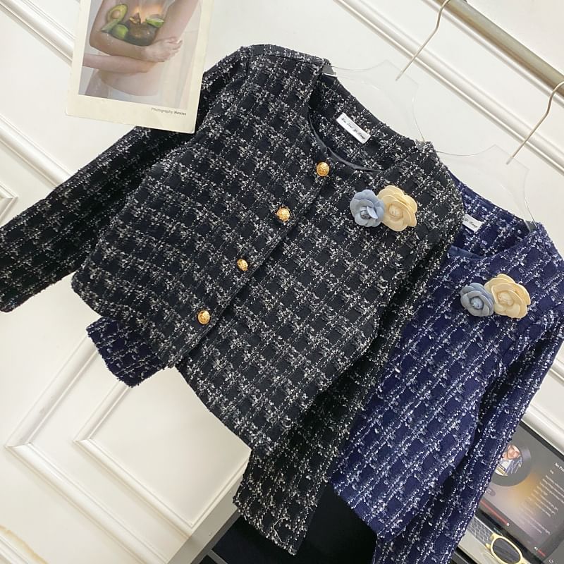 Crew Neck Plaid Flower Accent Button-Up Tweed Crop Jacket
