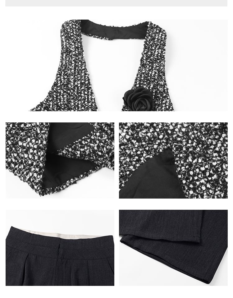 Halter-Neck Tweed Button-Up Vest / High Rise Wide Leg Pants