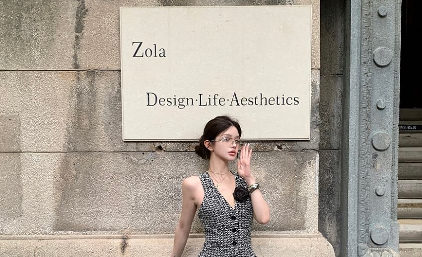 Halter-Neck Tweed Button-Up Vest / High Rise Wide Leg Pants