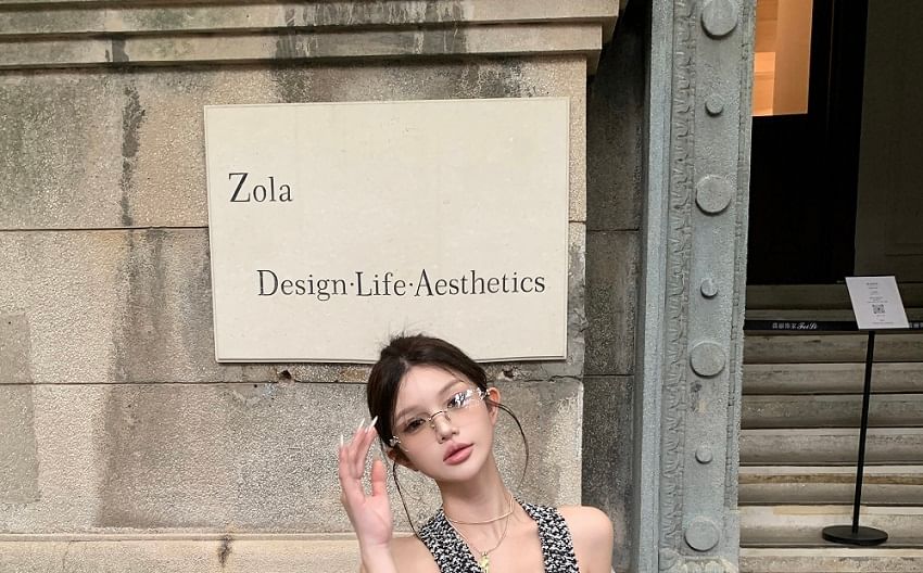 Halter-Neck Tweed Button-Up Vest / High Rise Wide Leg Pants