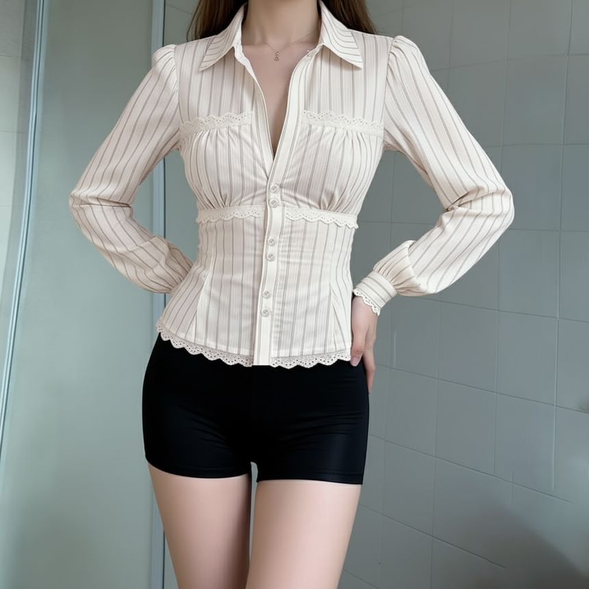 Lace-Trimmed Striped Long-Sleeve Shirt
