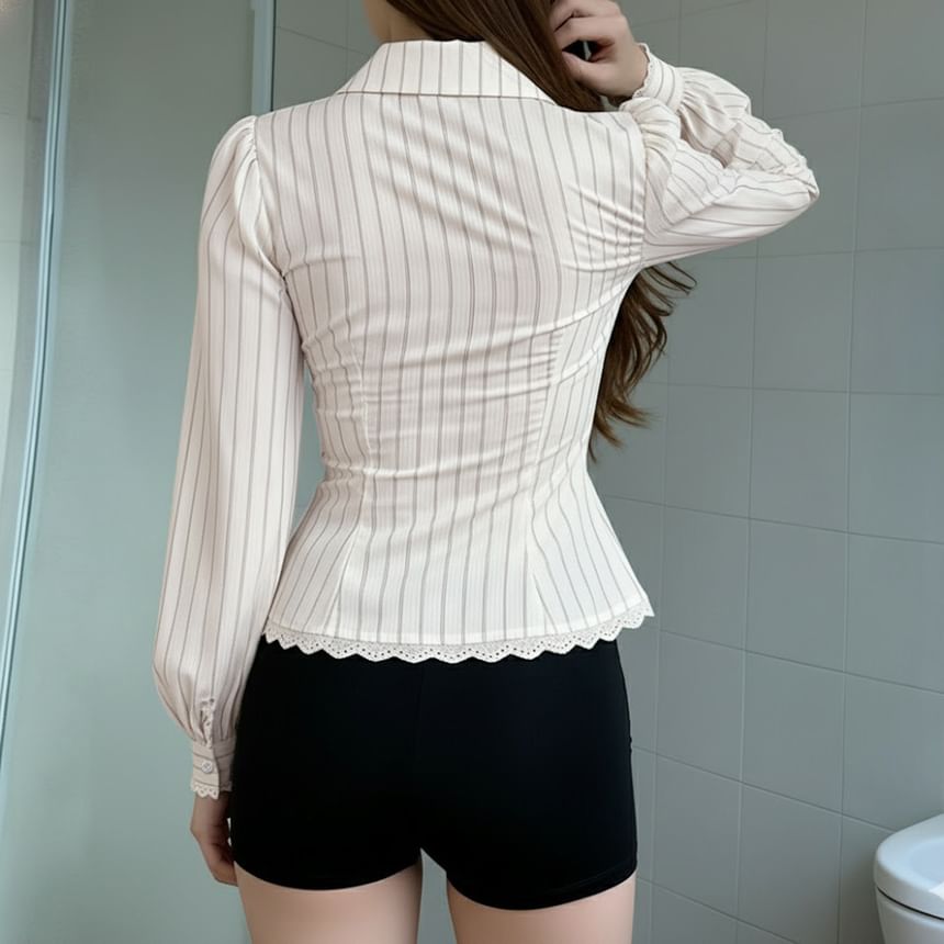 Lace-Trimmed Striped Long-Sleeve Shirt