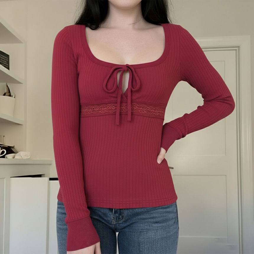 Square Neck Cutout Long-Sleeve Solid Top