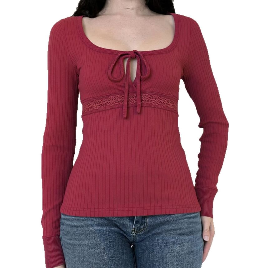 Square Neck Cutout Long-Sleeve Solid Top