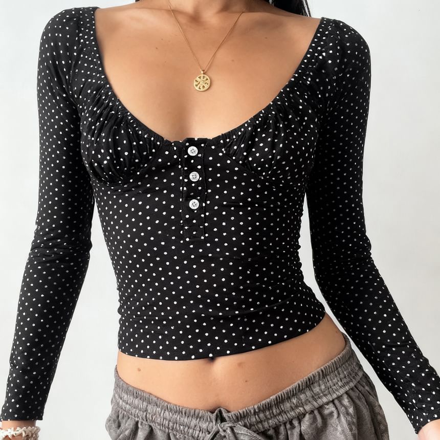 Polka Dot Scoop Neck Crop Top with Long Sleeves