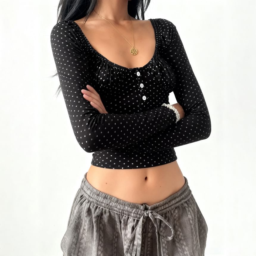 Polka Dot Scoop Neck Crop Top with Long Sleeves