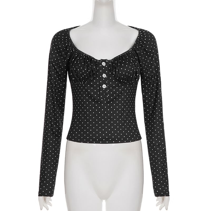 Polka Dot Scoop Neck Crop Top with Long Sleeves