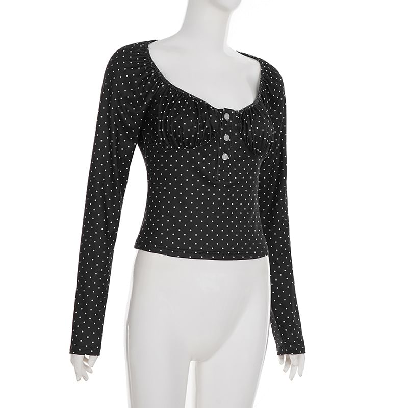Polka Dot Scoop Neck Crop Top with Long Sleeves