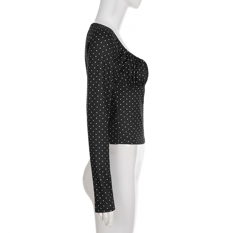 Polka Dot Scoop Neck Crop Top with Long Sleeves