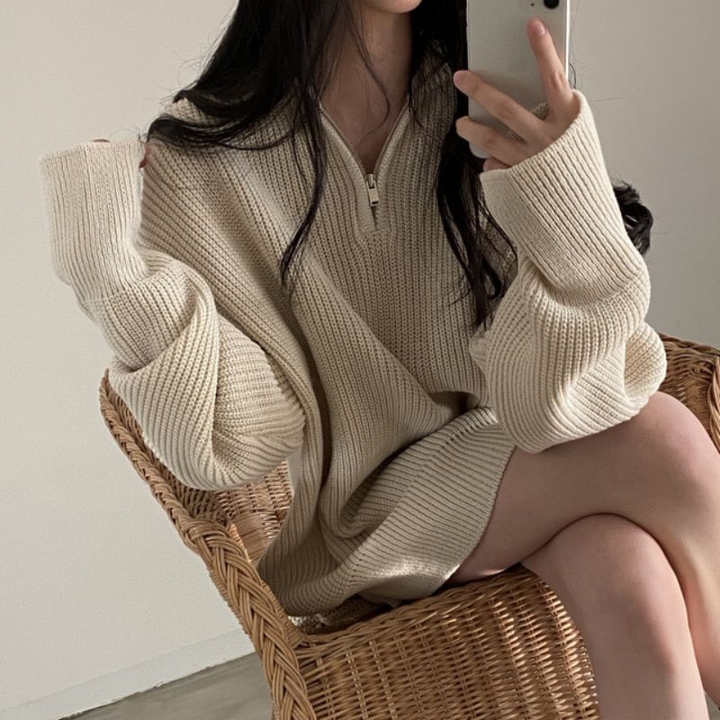 Oversized Half-Zip Ribbed Knit Sweater