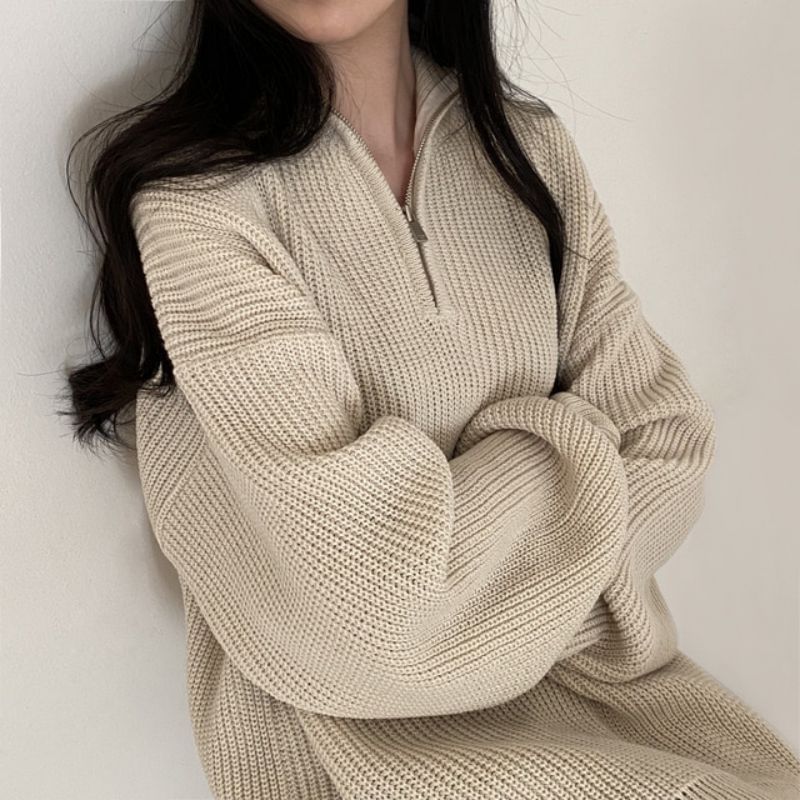 Oversized Half-Zip Ribbed Knit Sweater