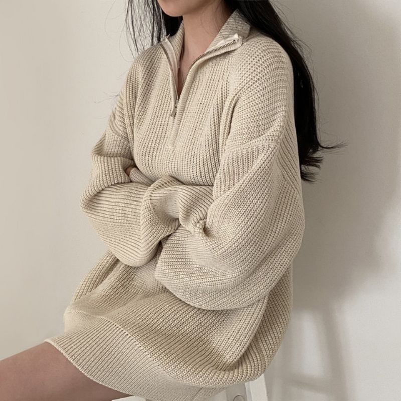 Oversized Half-Zip Ribbed Knit Sweater
