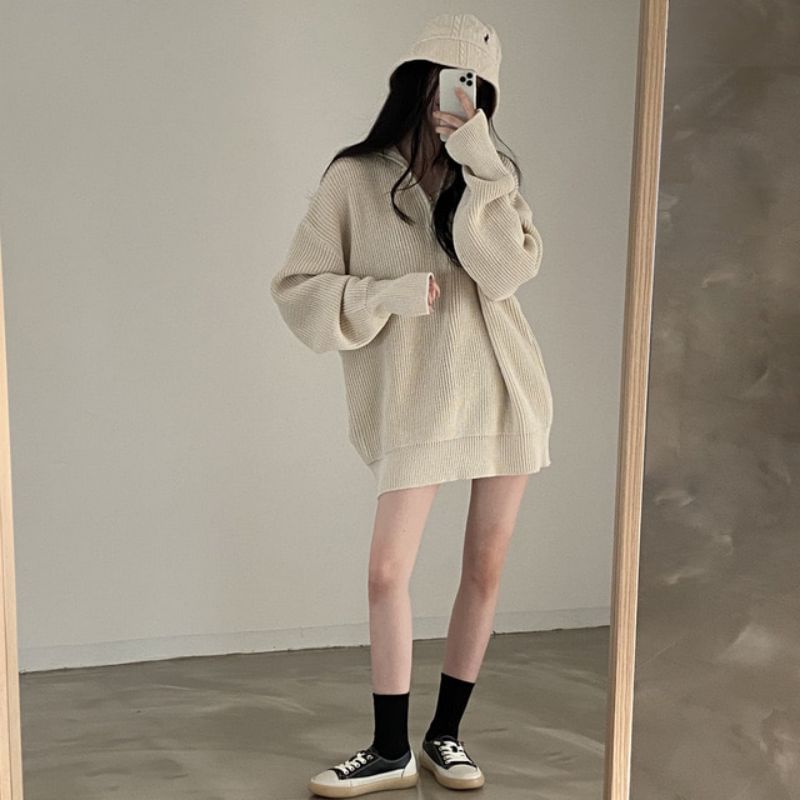 Oversized Half-Zip Ribbed Knit Sweater