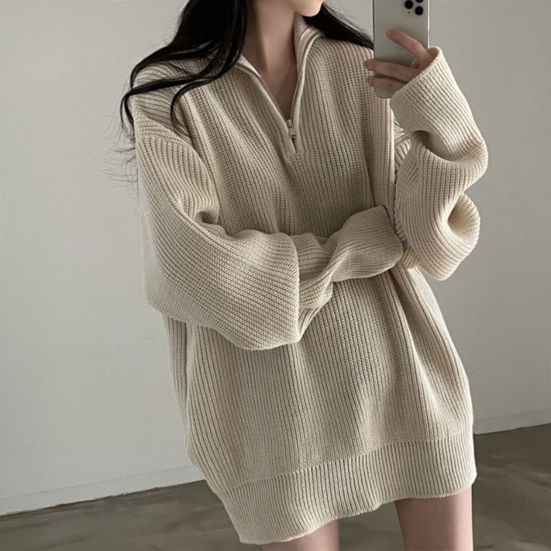 Oversized Half-Zip Ribbed Knit Sweater