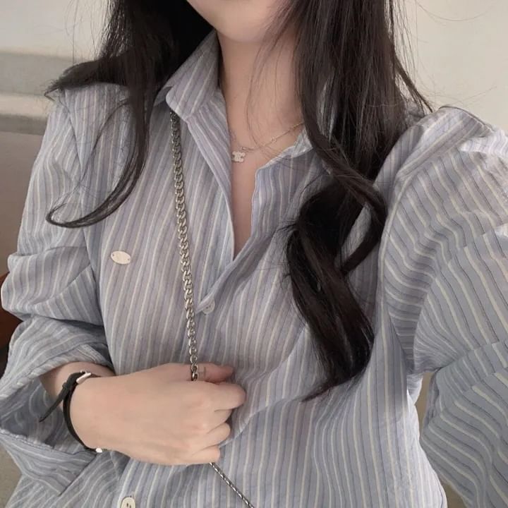Long-Sleeve Striped Collared Button-Down Shirt