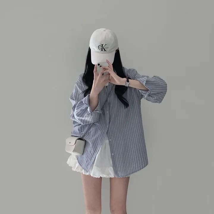 Long-Sleeve Striped Collared Button-Down Shirt