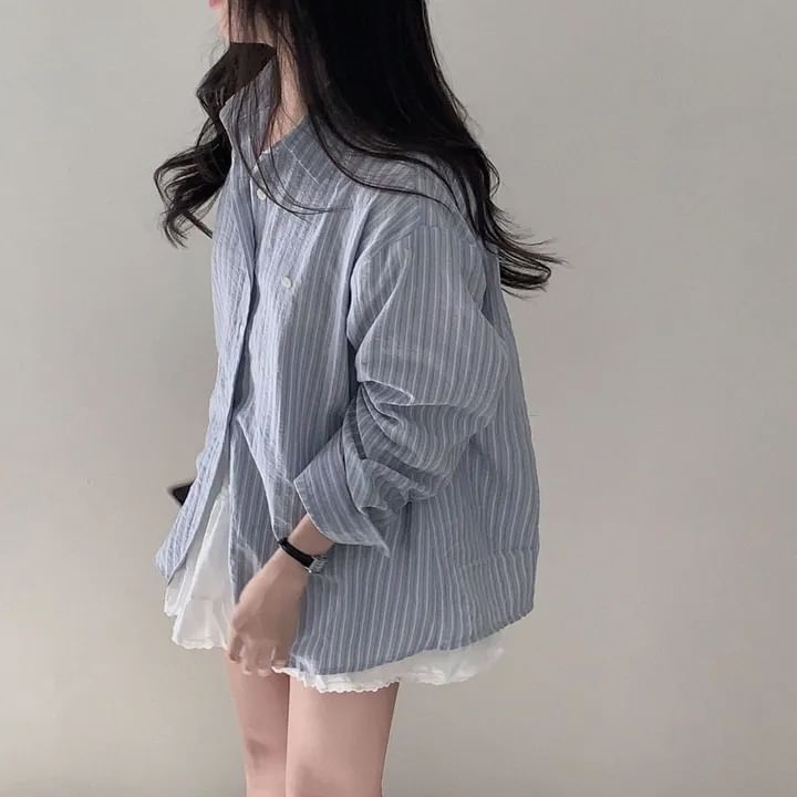 Long-Sleeve Striped Collared Button-Down Shirt