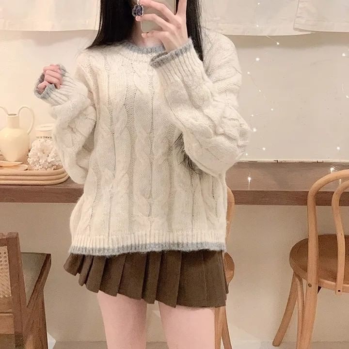 Crew Neck Contrast Trim Cable Knit Sweater