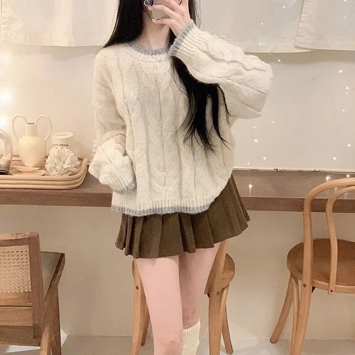 Crew Neck Contrast Trim Cable Knit Sweater
