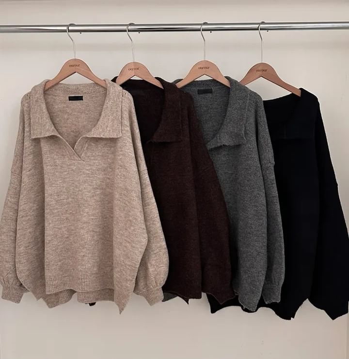 Drop Shoulder Collared Solid Knit Sweater