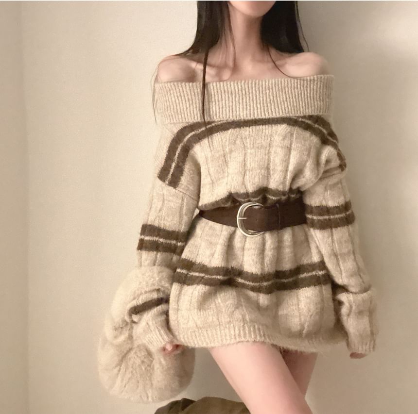 Off-Shoulder Striped Ribbed Knit Sweater with Belt Set