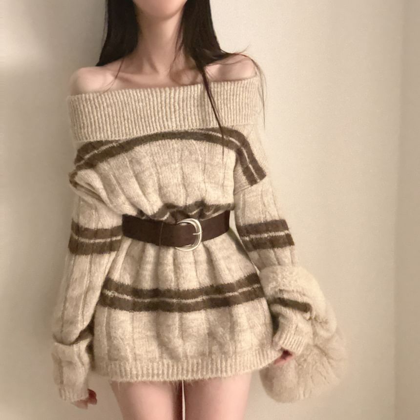 Off-Shoulder Striped Ribbed Knit Sweater with Belt Set