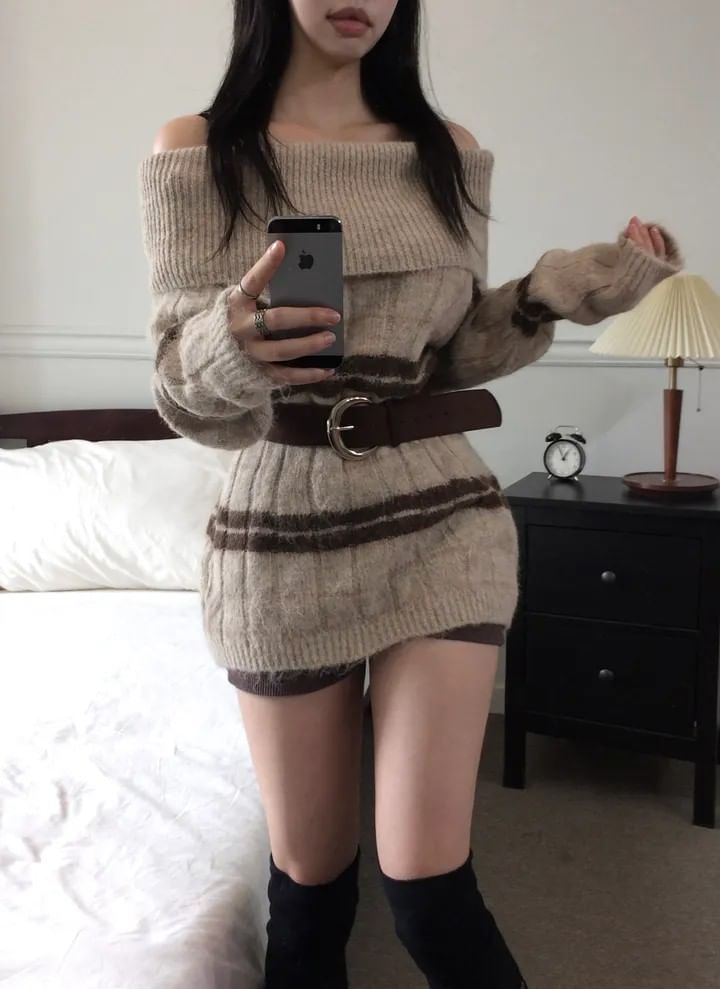 Off-Shoulder Striped Ribbed Knit Sweater with Belt Set