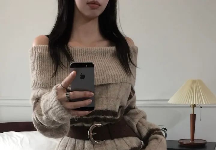 Off-Shoulder Striped Ribbed Knit Sweater with Belt Set