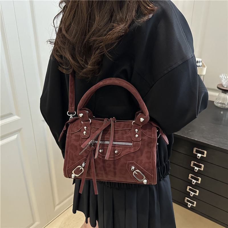 Leopard Patterned Studded Panel Crossbody Shoulder Bag