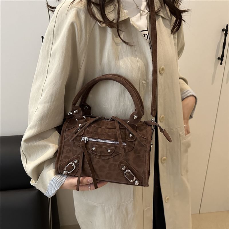 Leopard Patterned Studded Panel Crossbody Shoulder Bag