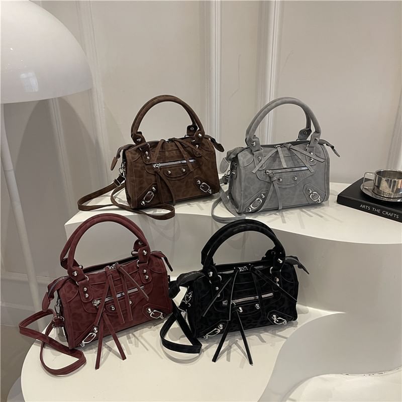 Leopard Patterned Studded Panel Crossbody Shoulder Bag