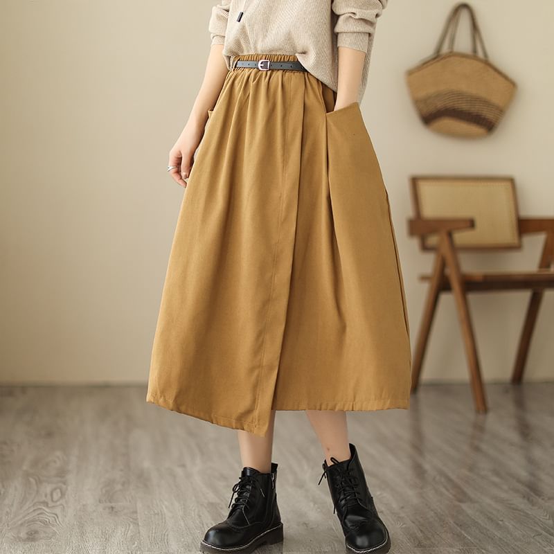 Elastic Waist Asymmetrical Midi Skirt with Belt Set