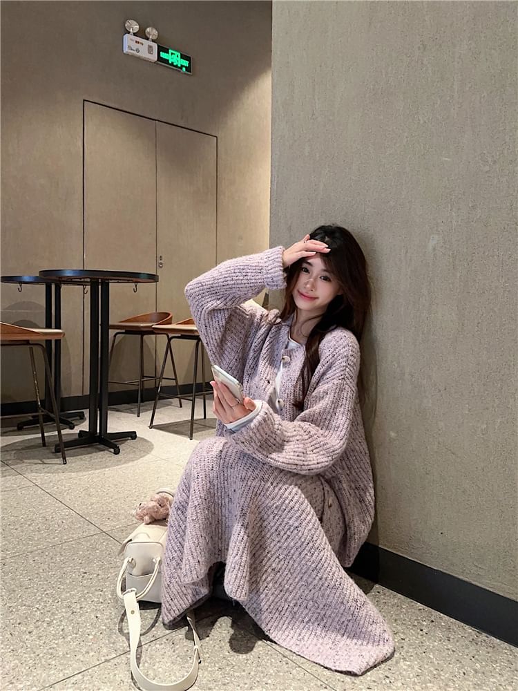 Crew Neck Cardigan & Midi Skirt & Long-Sleeve Tee Set